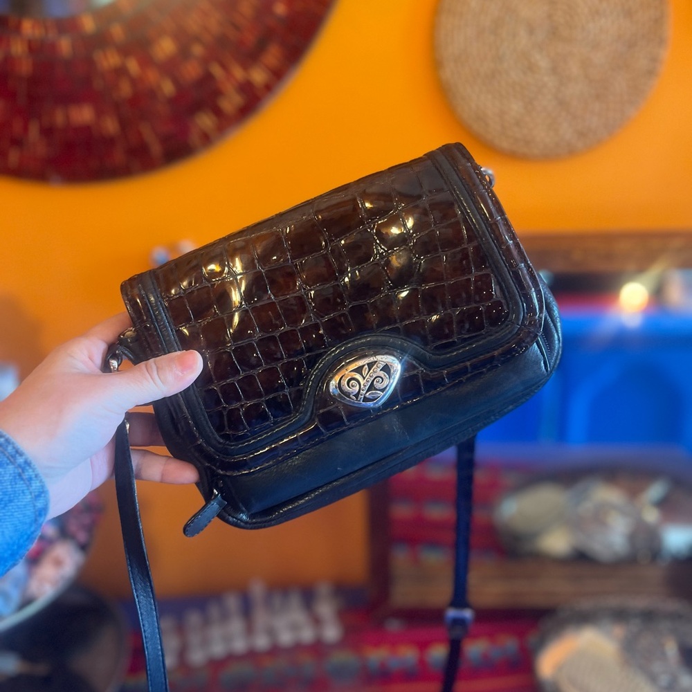 Vintage Chic Black Brighton Crocodile Pattern Crossbody Bag 90's